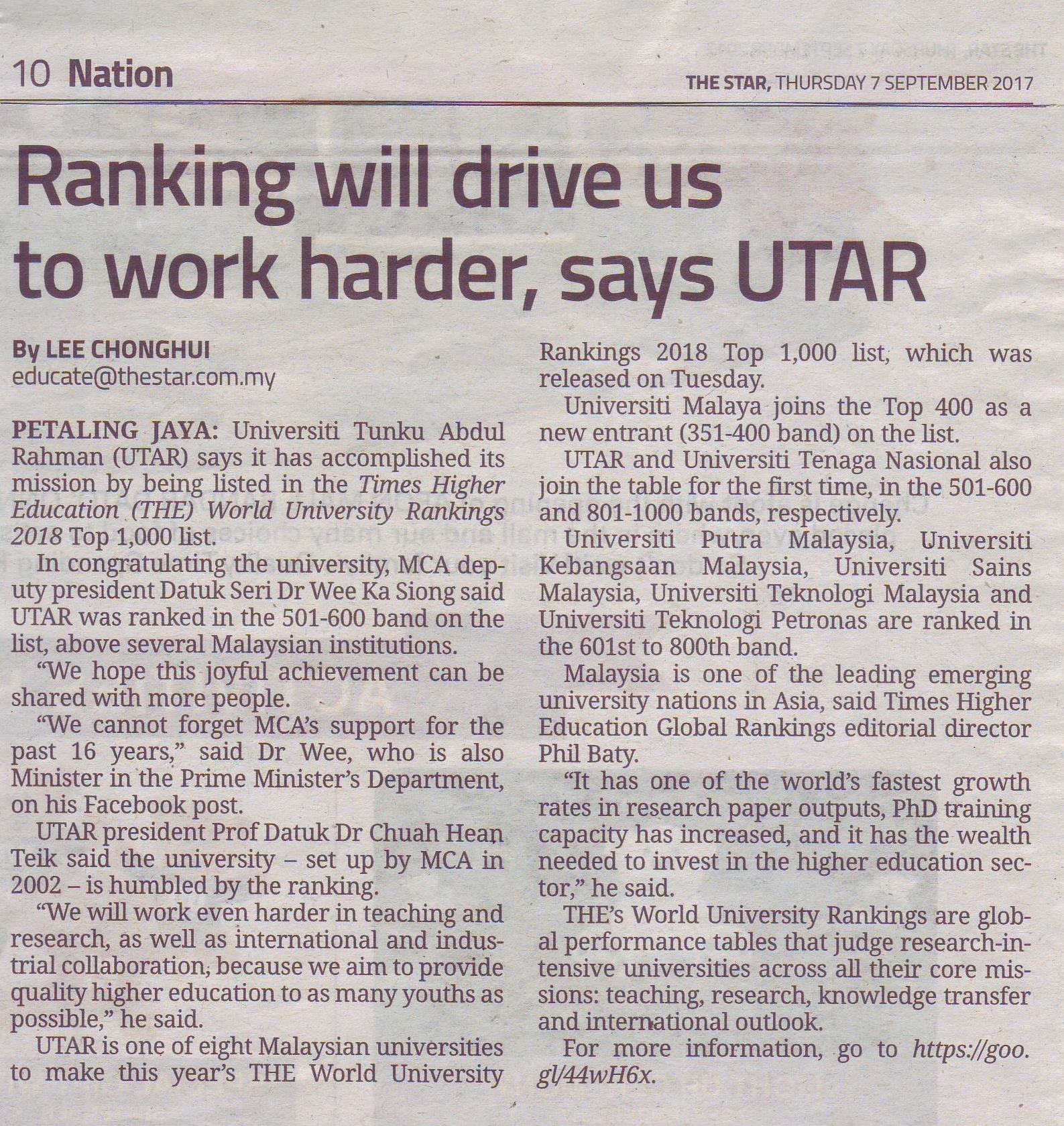  Ranking will drive us to work harder, says UTAR.